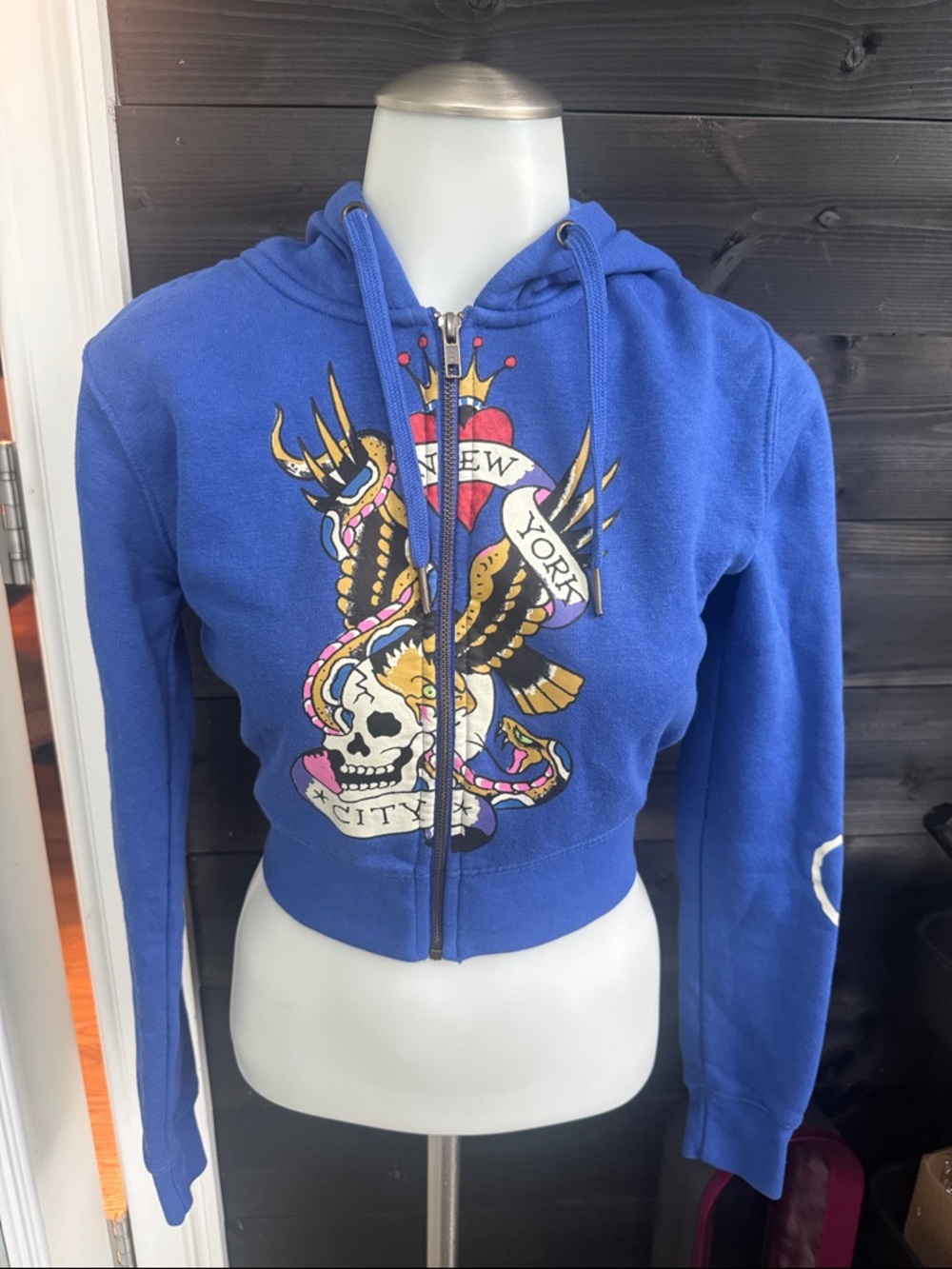 Ed Hardy Cropped Zip Up Sweatshirt Royal Blue New York City Y2K Vintage